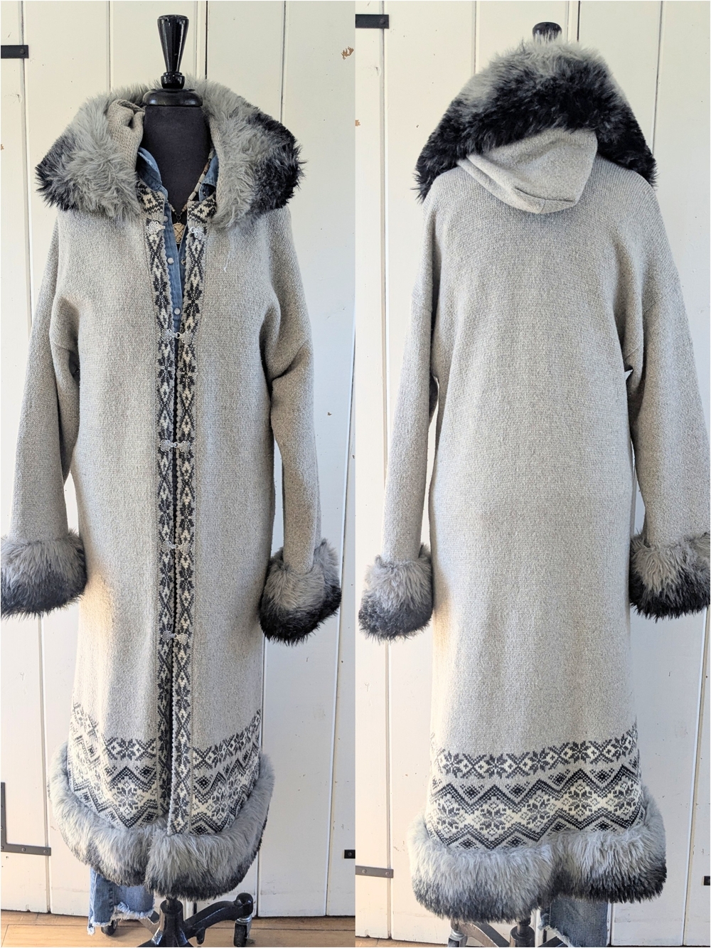 Vintage Handcrafted Nordic Gray Faux Fur-Trim Hooded Cardigan/Coat